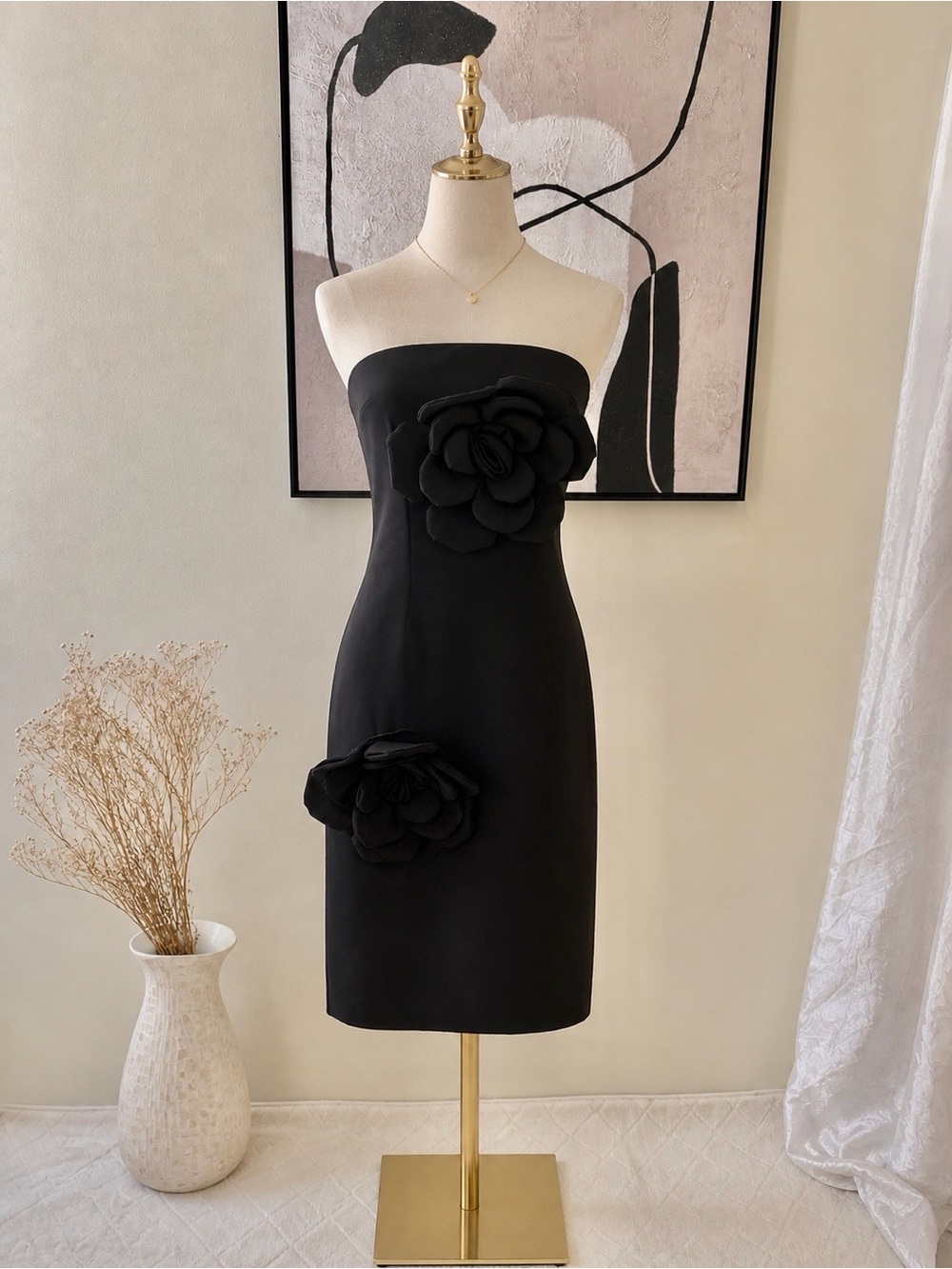 Dalia macphee Strapless Black Midi Dress with Floral Appliqués